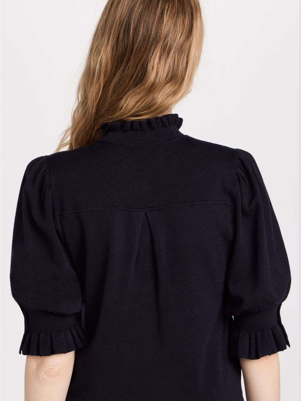ba&sh SERA Navy Button-Placket Ruffle Sleeve Sweater - Picture 4 of 10